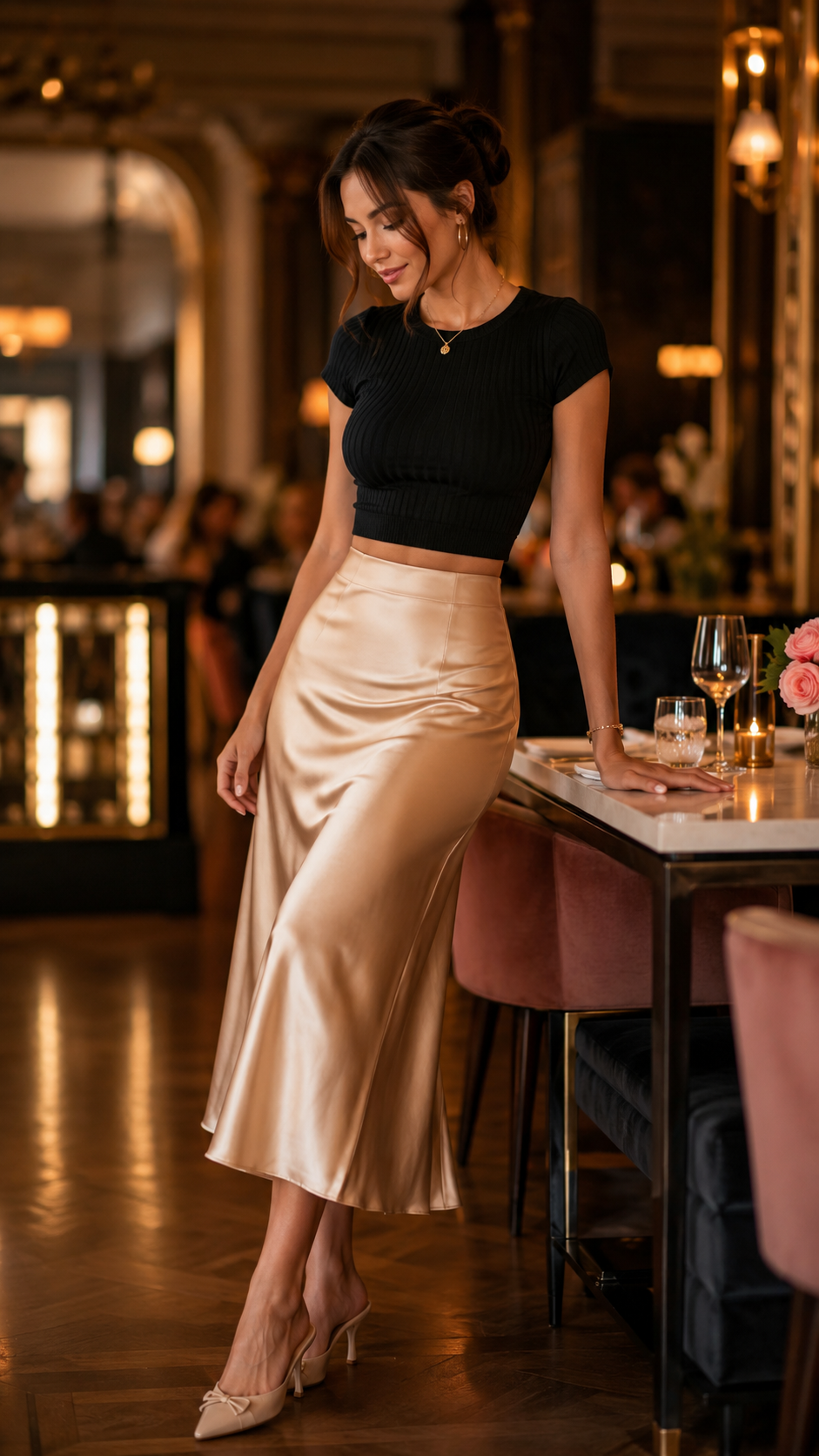Oversized White Tee Tucked Into High-Waisted Trousers