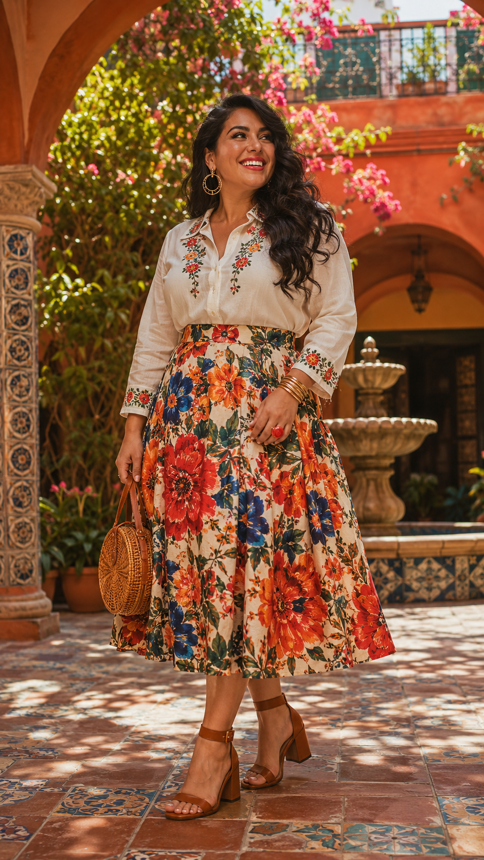 Midi Skirt with a Tucked-In Blouse and Block Heels