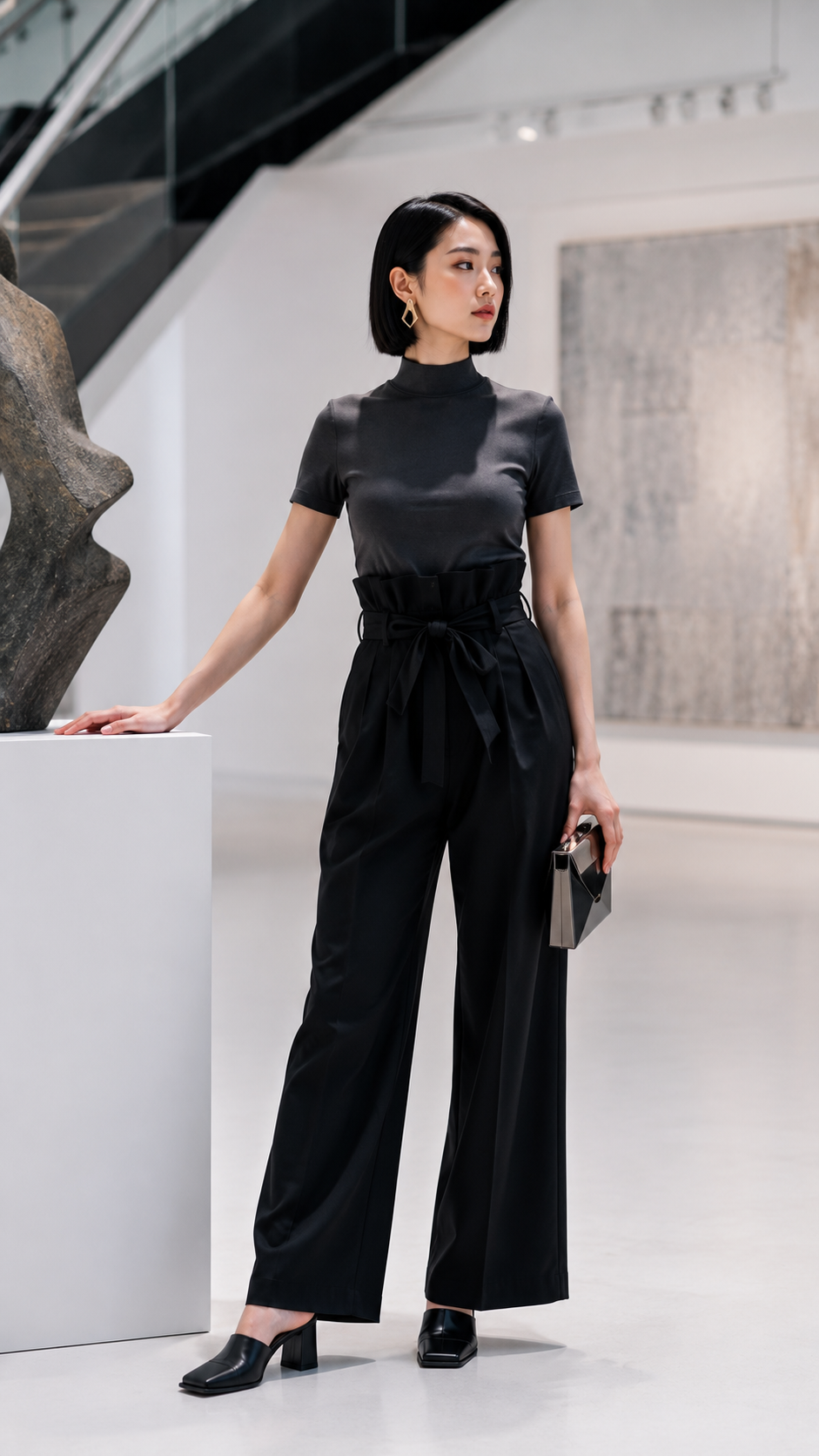 High-Waisted Paper Bag Pants with a Fitted Tee