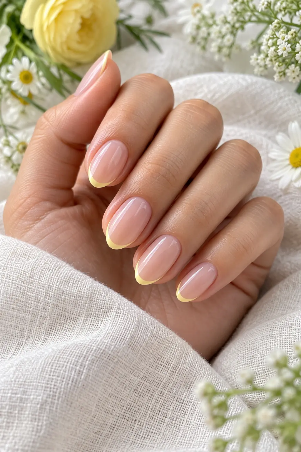Butter Yellow Micro French Tips On Short Almond Nails