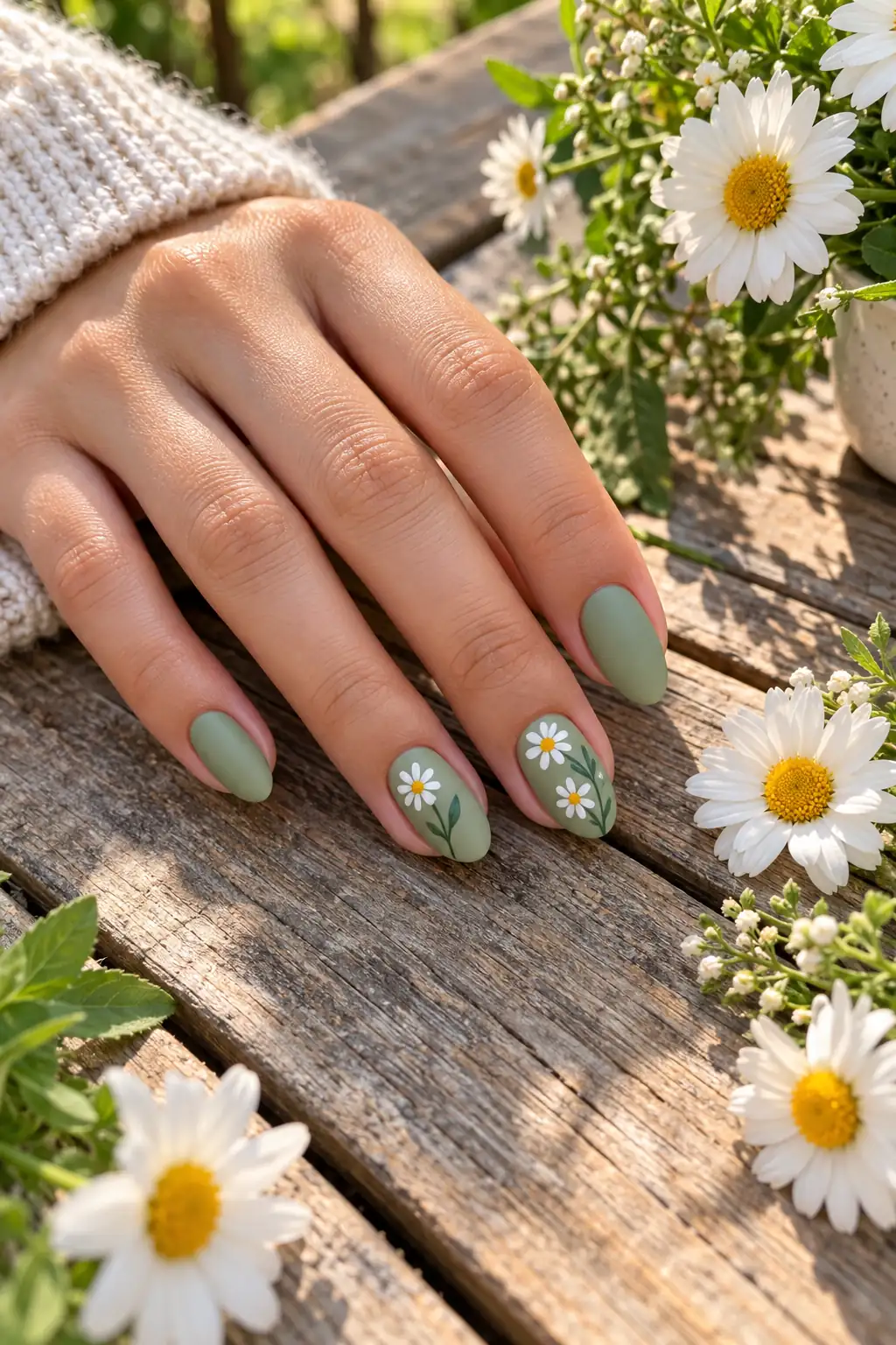 Sage Green Daisy Nails
