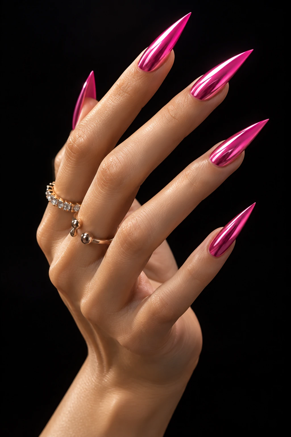 Barbie Pink Chrome Stiletto Nails
