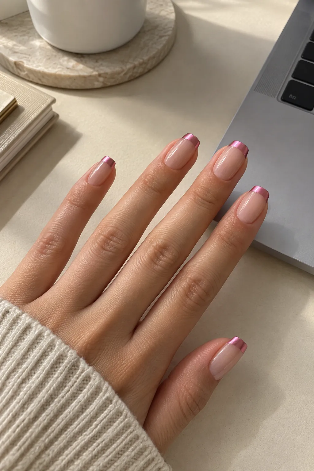 Barbie Pink Chrome Tips on Nude Base