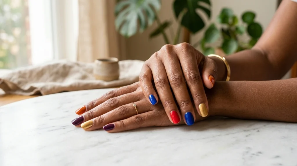 Nail colors for deep skin tones showing multiple bold shades on a Black woman's hands