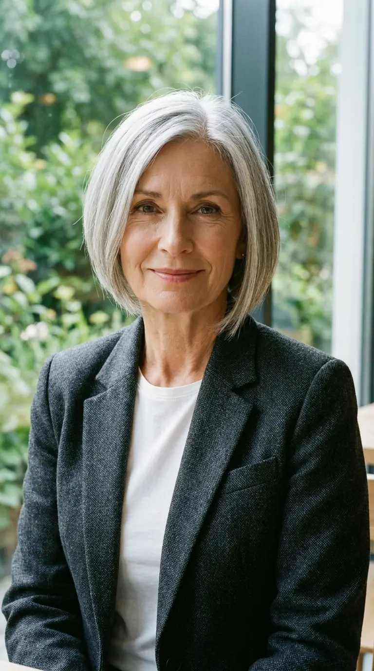Asymmetrical silver bob with one side longer than the other on fine hair