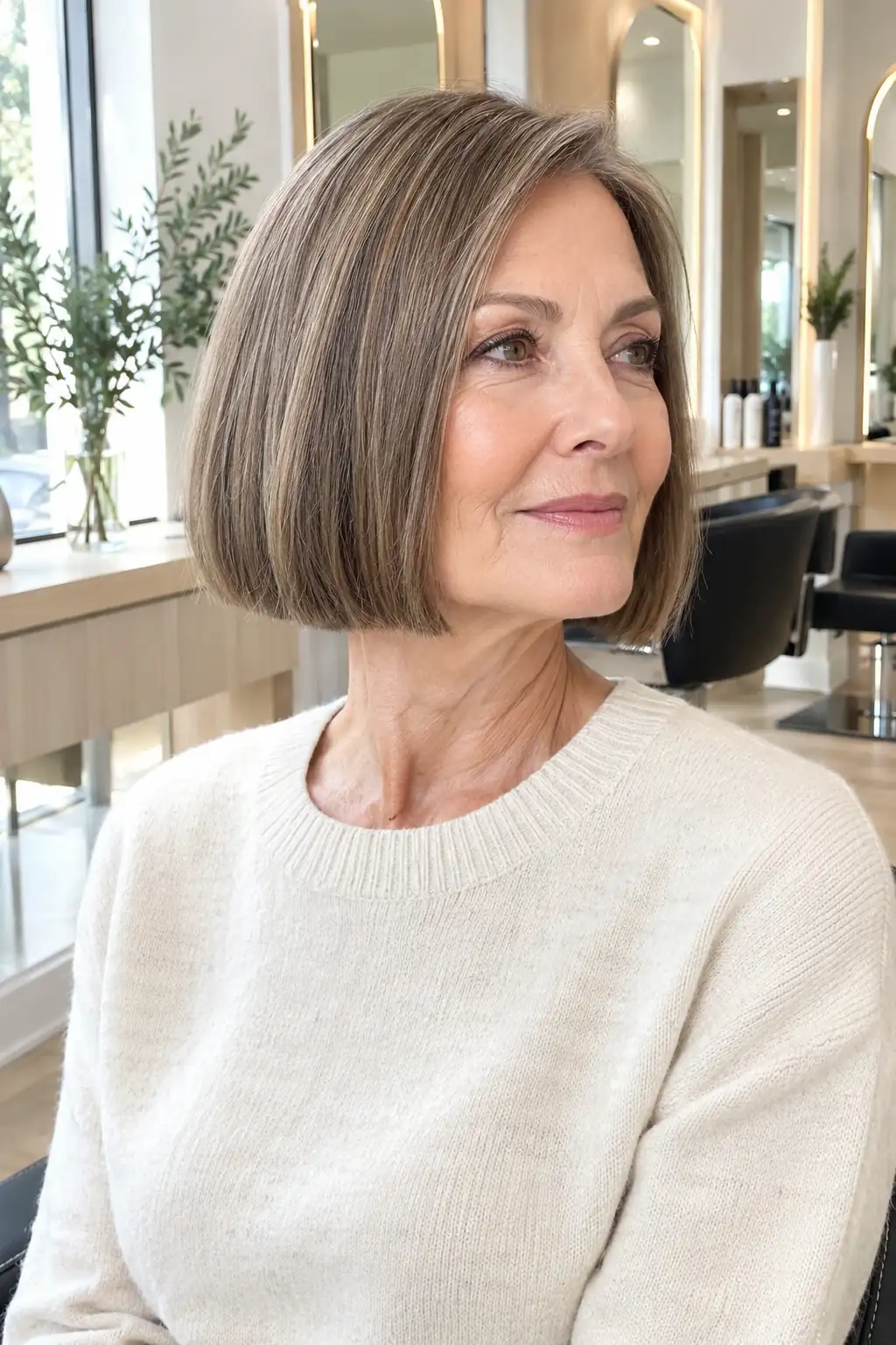 Blunt chin-length bob in ash brown on fine straight hair for women over 60