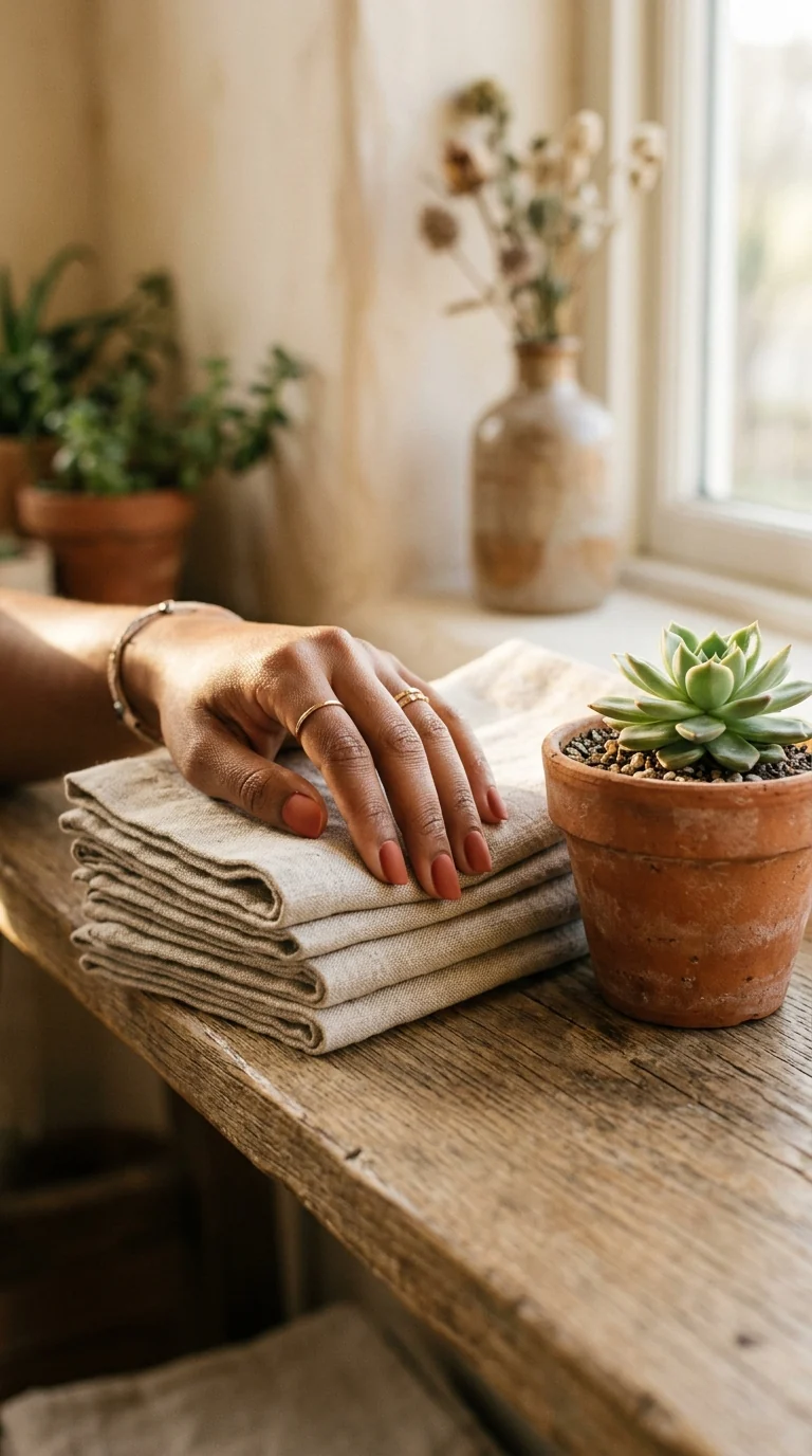 Matte brick terracotta nail polish on dark skin with linen and a terracotta pot