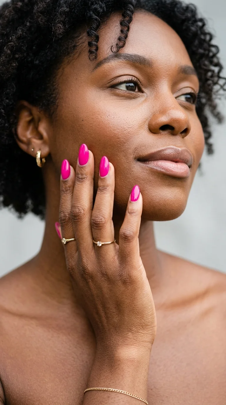 Bright fuchsia nails on deep skin resting against a cheek with beauty lighting