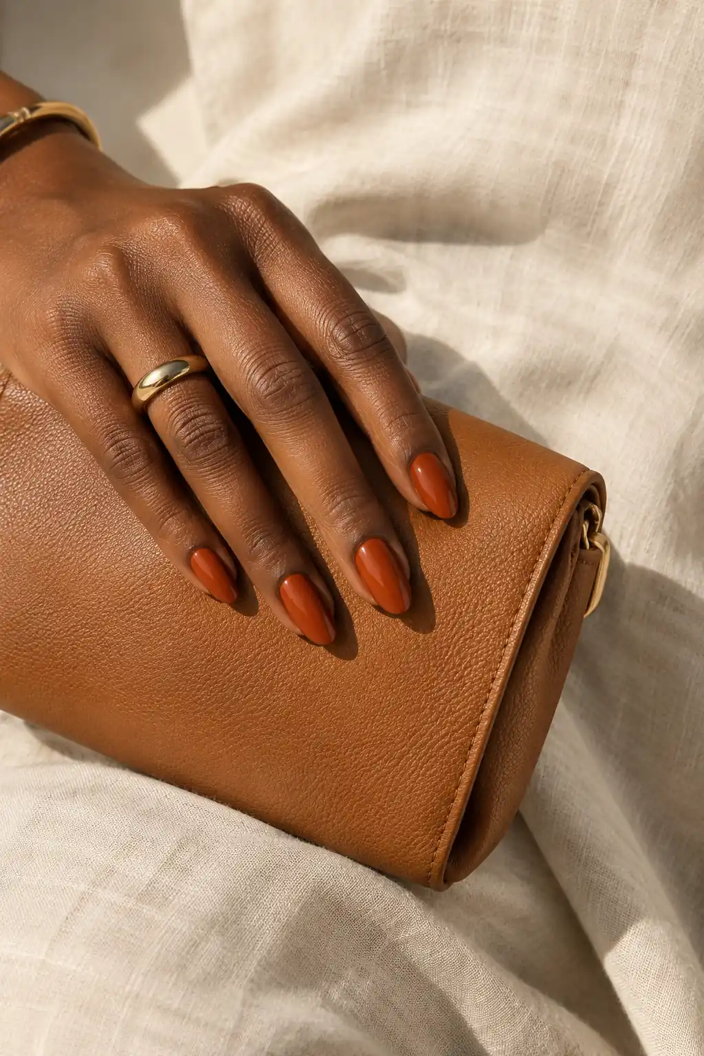 Burnt orange nail polish on deep skin holding a tan leather clutch