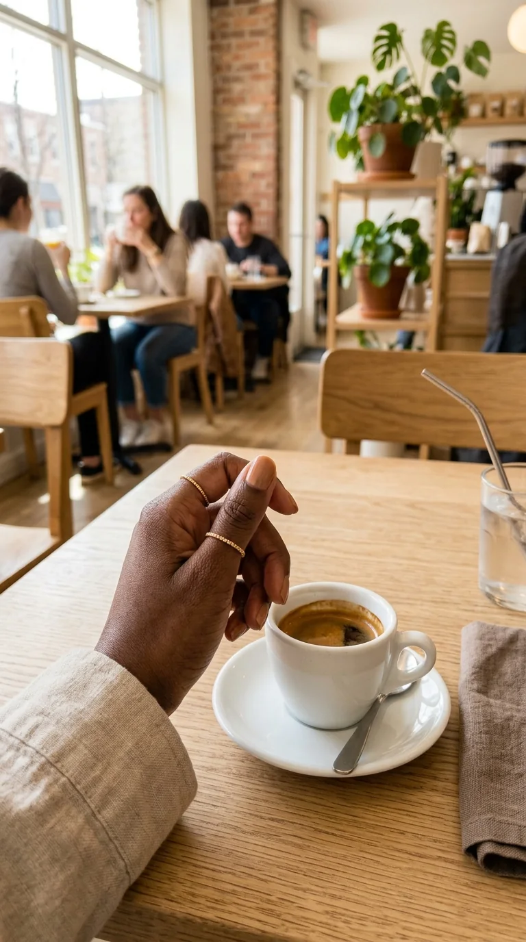 Caramel nude nails on deep skin holding a white espresso cup in a coffee shop