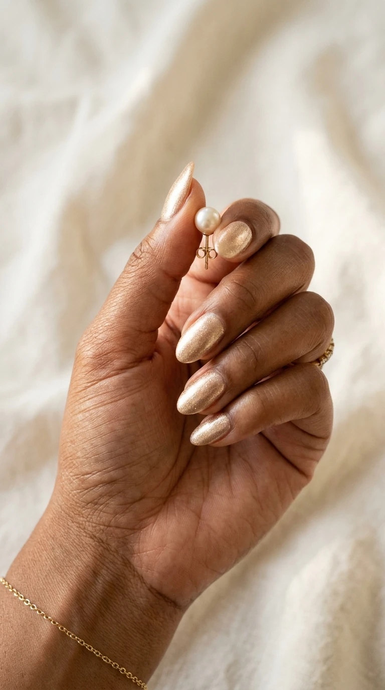 Champagne shimmer nails on deep skin holding a pearl earring