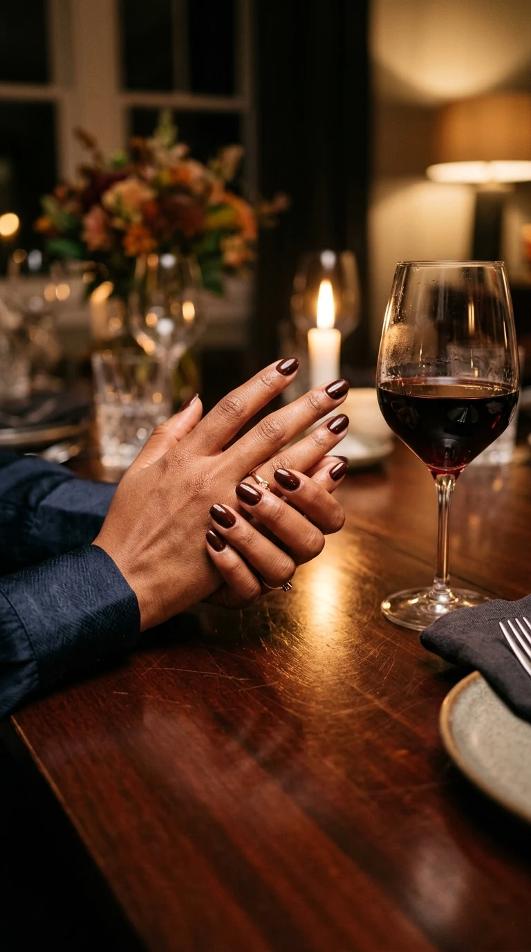 Chocolate cherry dark red nails on deep skin at a dining table with red liquid