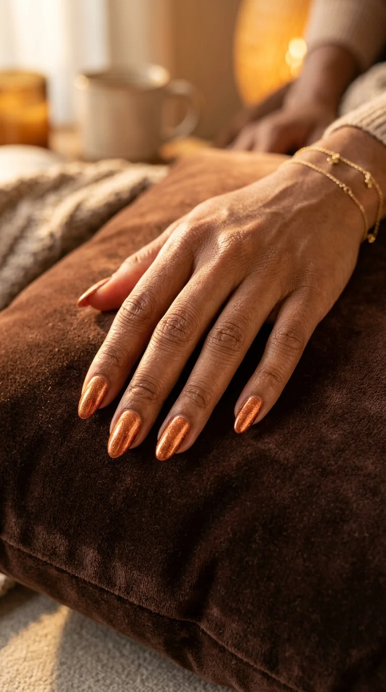 Copper shimmer nails on deep skin catching golden light on a velvet cushion