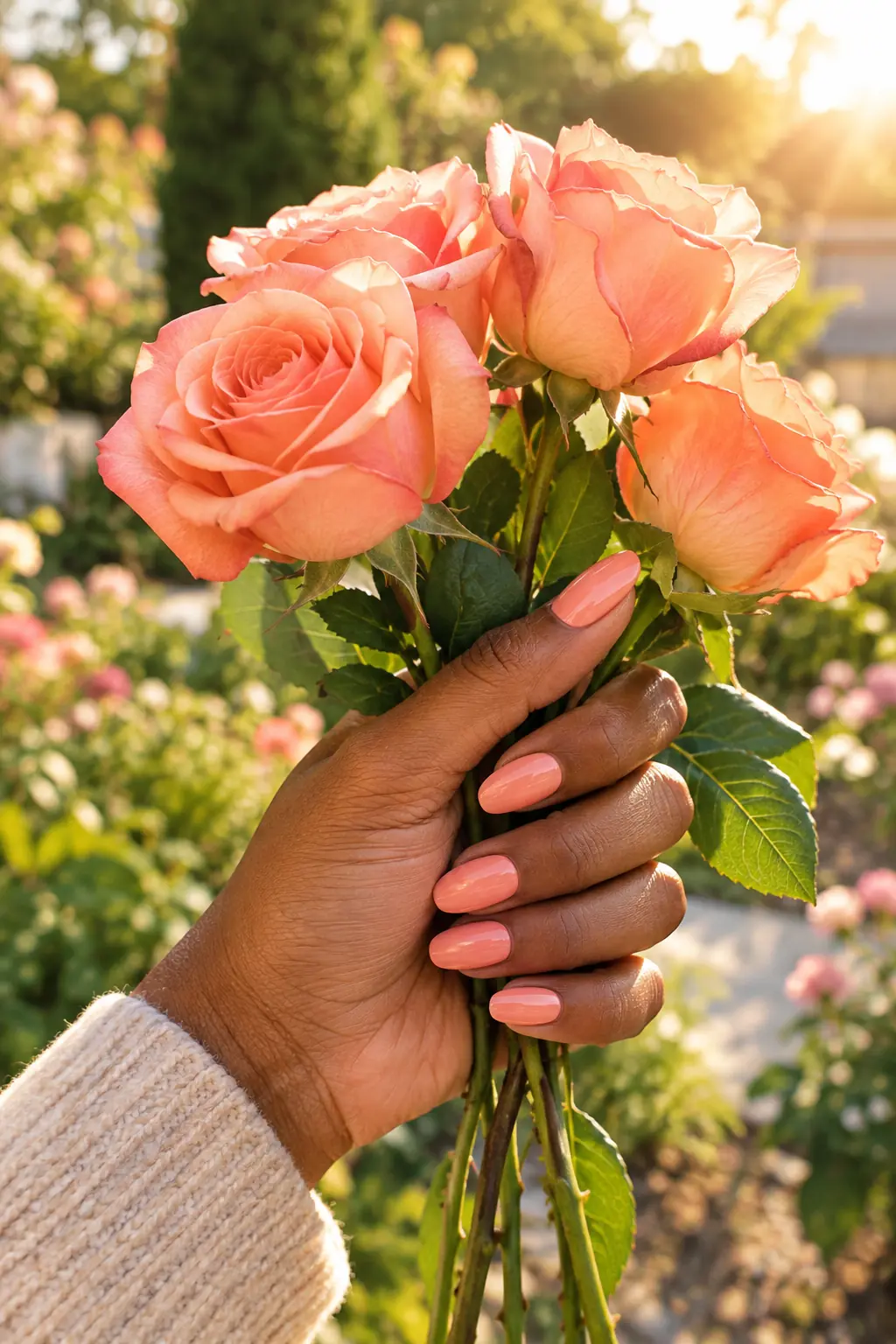 Warm peach coral nails on deep skin holding fresh roses in a garden