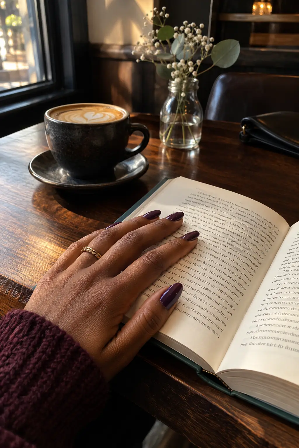 Deep plum nail color on dark skin resting on an open book in a café