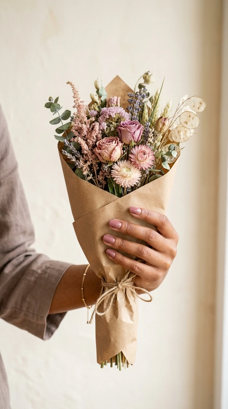 Dusty rose nails on a Black woman's hand holding a bouquet of dried flowers