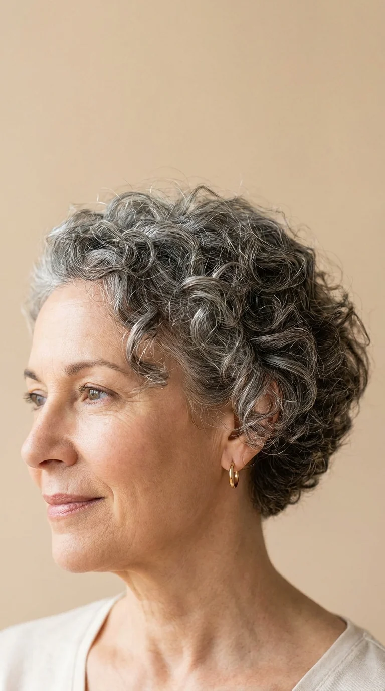 Rounded curly crop on fine salt and pepper curls for women over 60