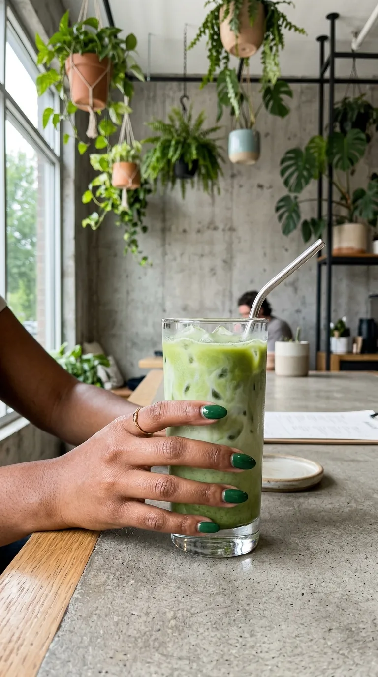 Glossy forest green nail color on a Black woman's hand with an iced matcha latte