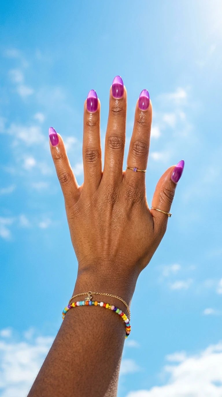 Sheer grape jelly purple nails on deep skin glowing in sunlight against a blue sky