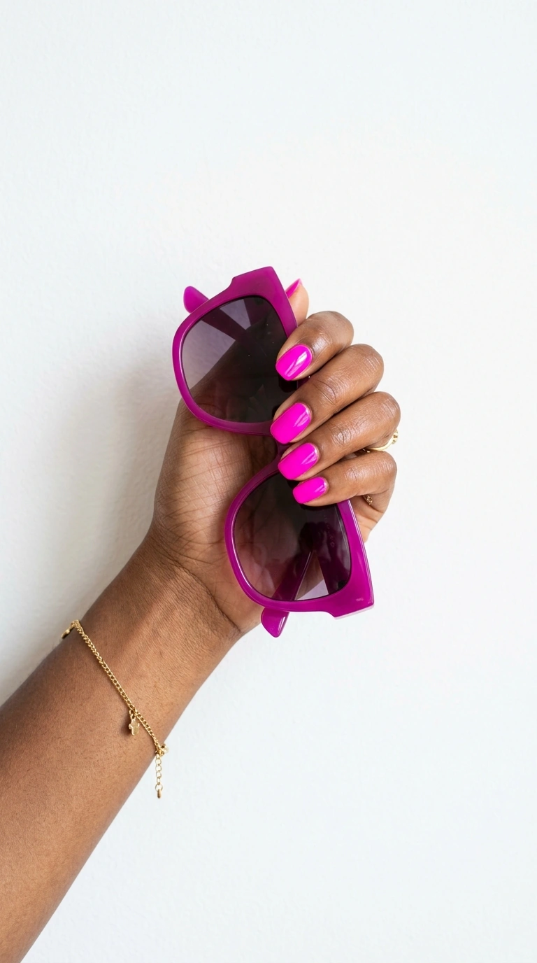 Hot magenta nail color on a Black woman's hand holding oversized sunglasses