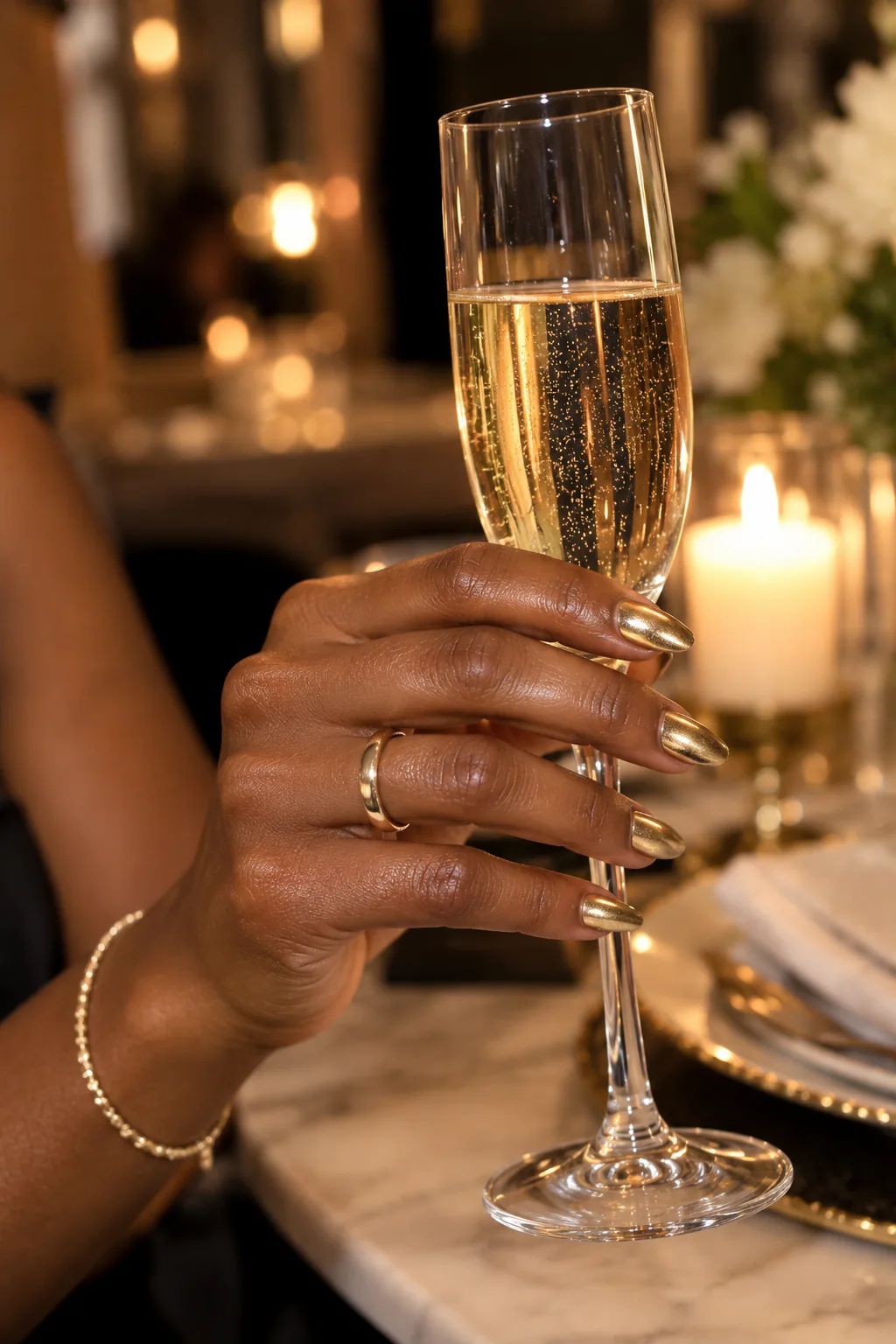 Metallic gold nail polish on a Black woman's hand holding a champagne flute