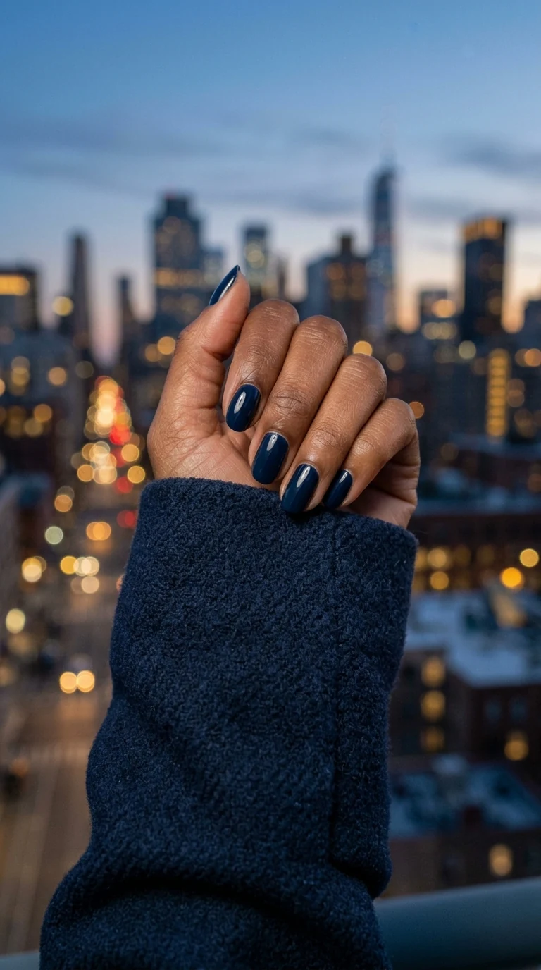 Glossy midnight navy nail color on deep skin with a city skyline at dusk