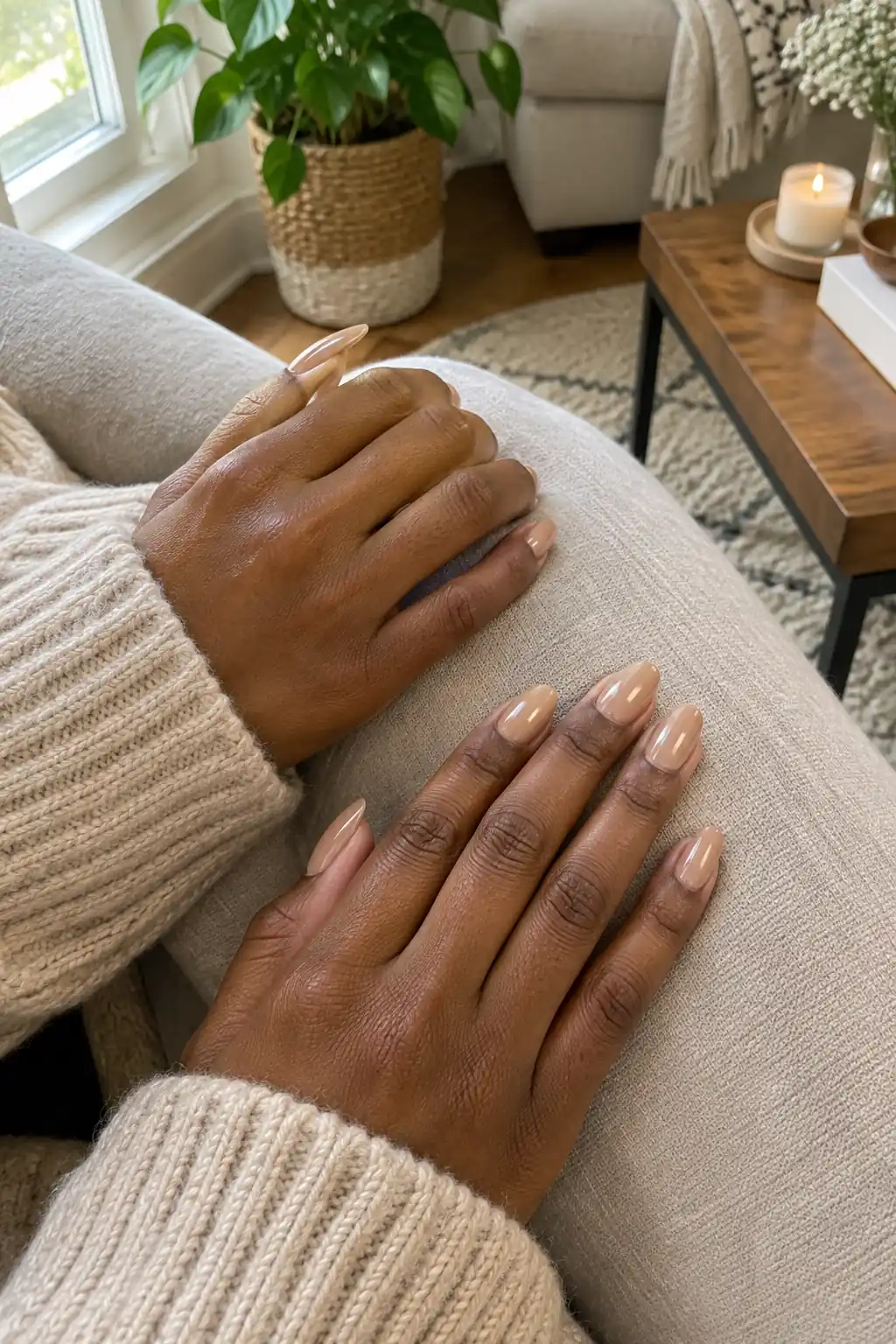 Warm caramel nude nail polish on deep skin with a cozy beige sweater
