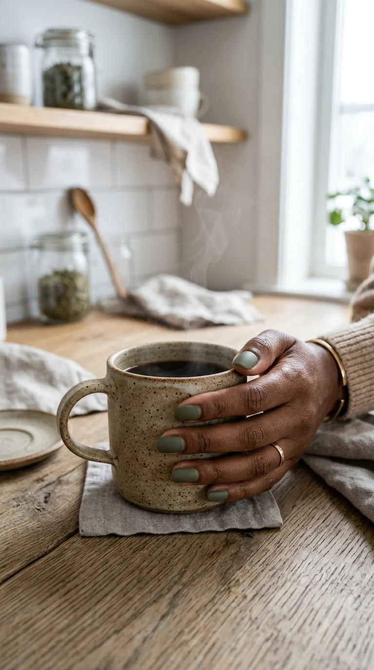 Matte olive green nail polish on dark skin holding a stoneware coffee mug