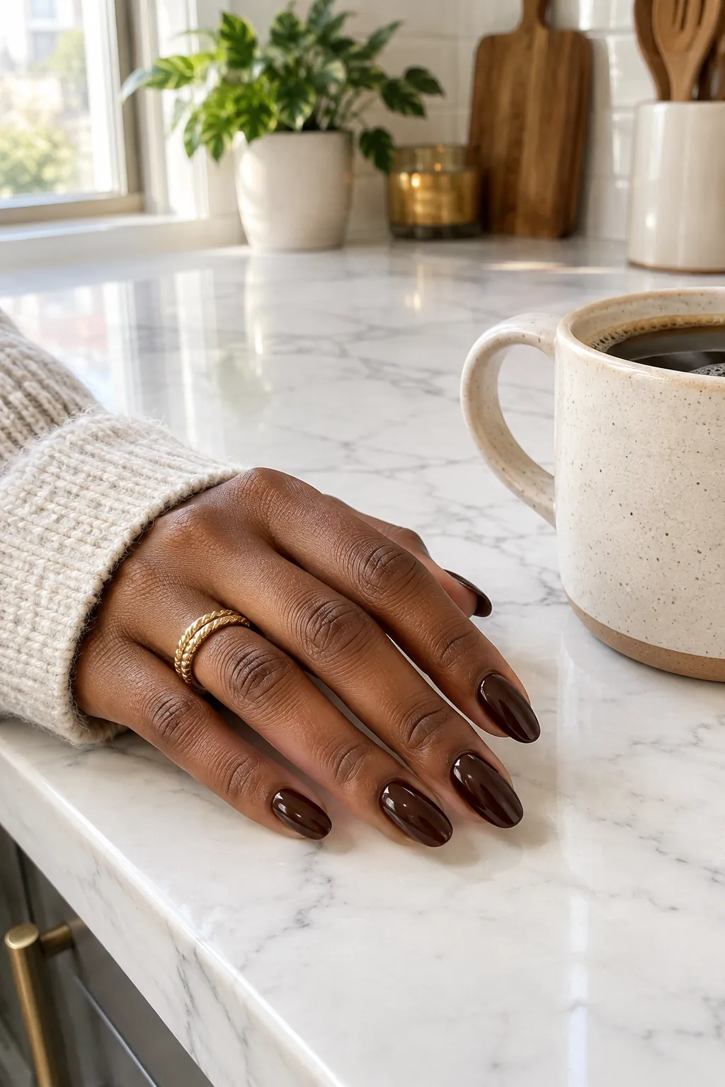 Glossy espresso brown nails on deep skin tone resting on a marble countertop
