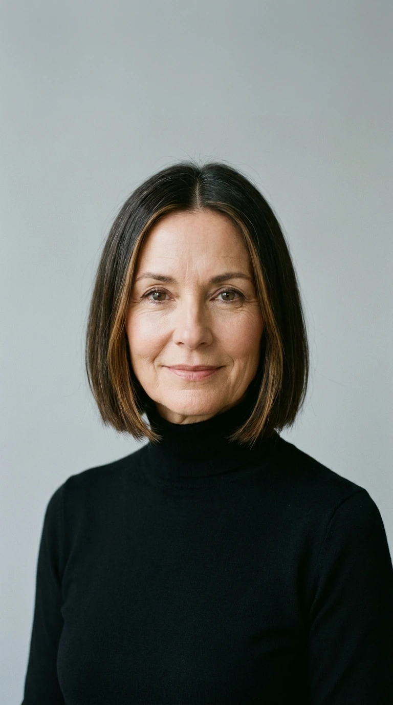 Short dark bob with a middle part on fine hair for women over 60