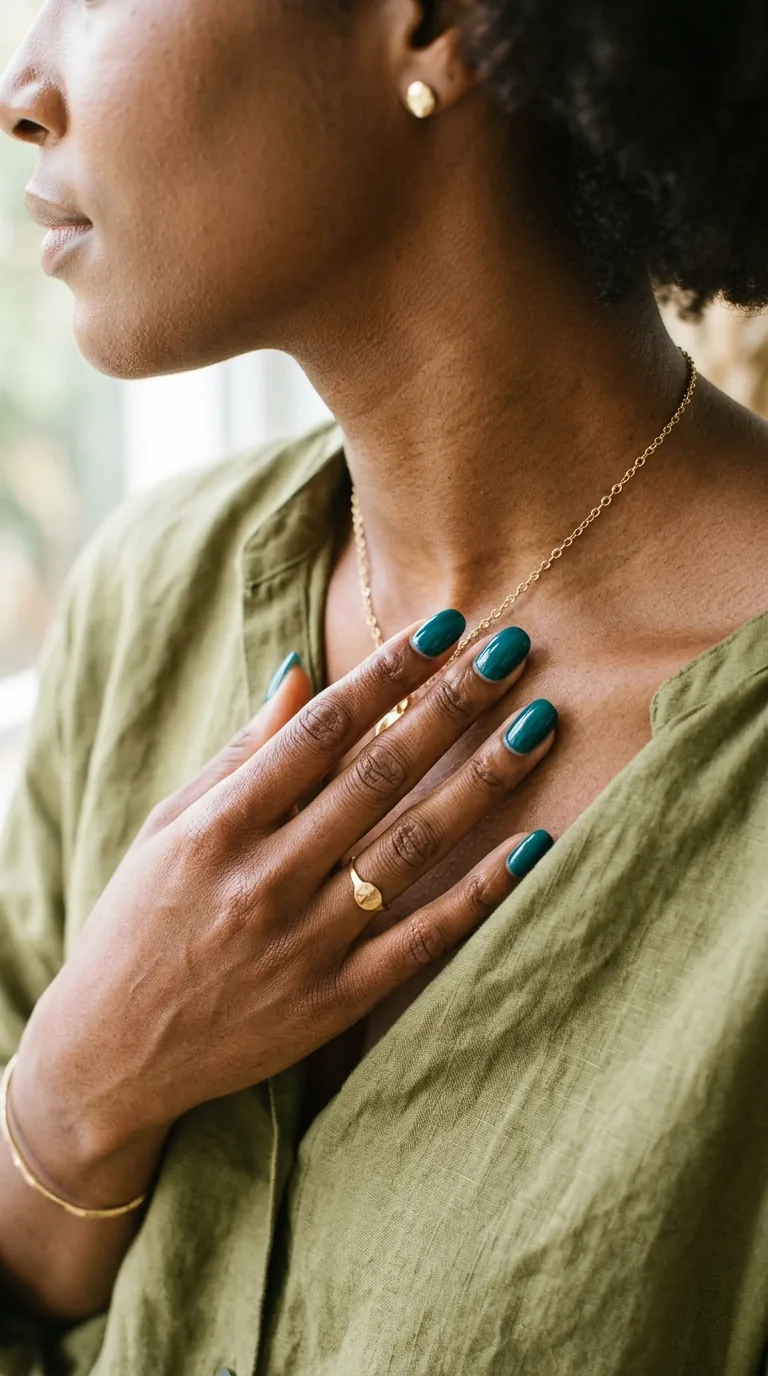 Jewel-toned teal nail polish on dark skin touching a gold chain necklace