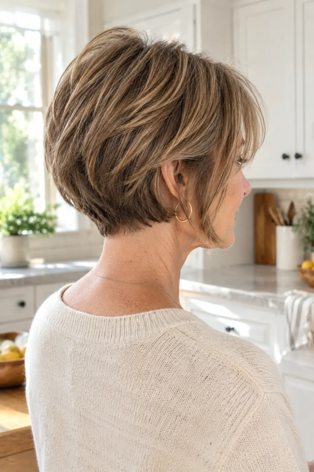 Bixie haircut with short nape and longer front pieces on fine light brown hair