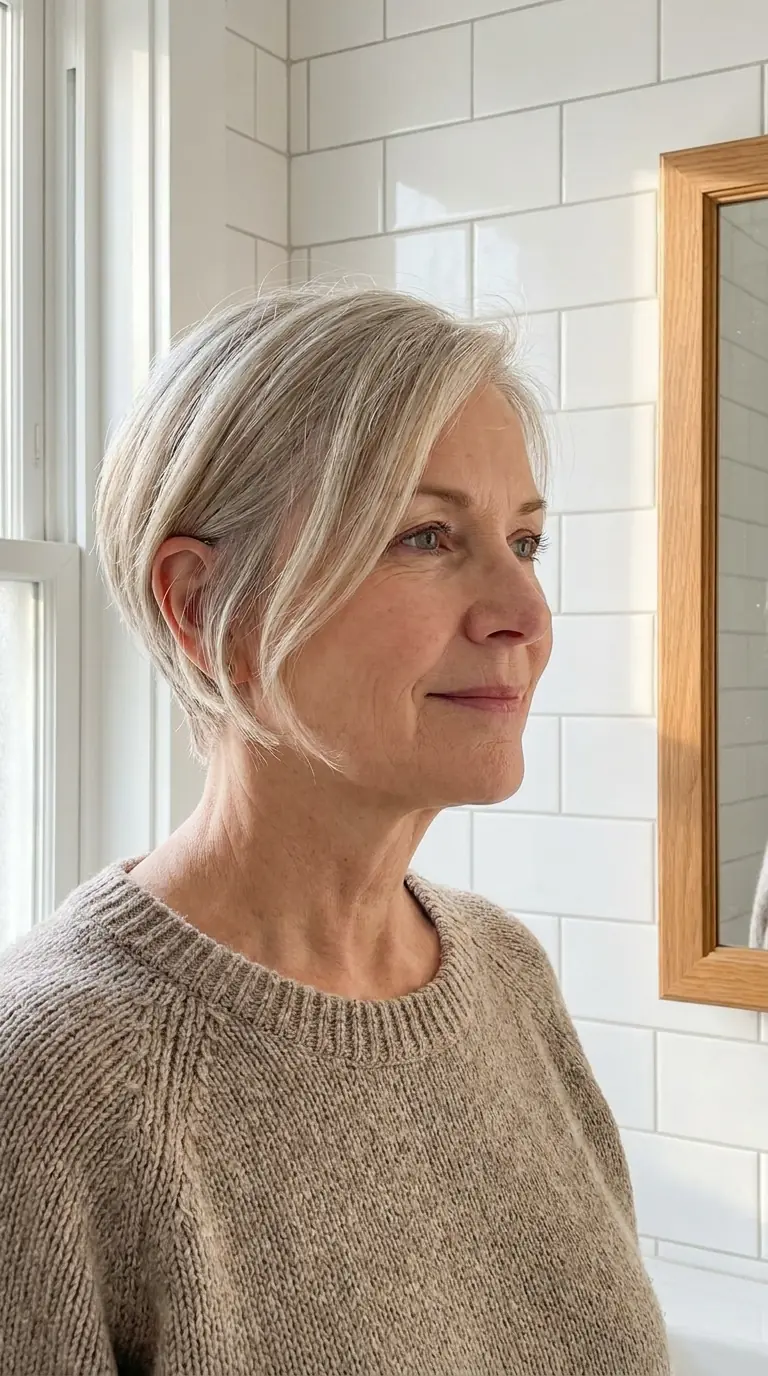 Grown-out pixie at an in-between length on fine ash blonde hair