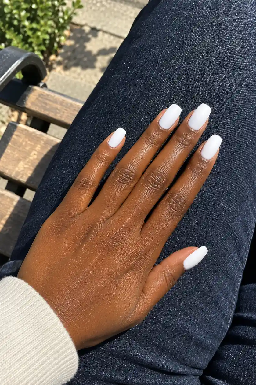 Crisp white nail polish on a Black woman's hand against dark denim jeans