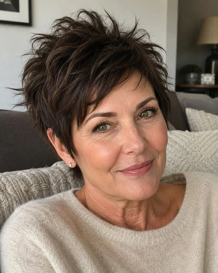 Woman over 60 with a piecey tousled pixie cut on fine dark brown hair