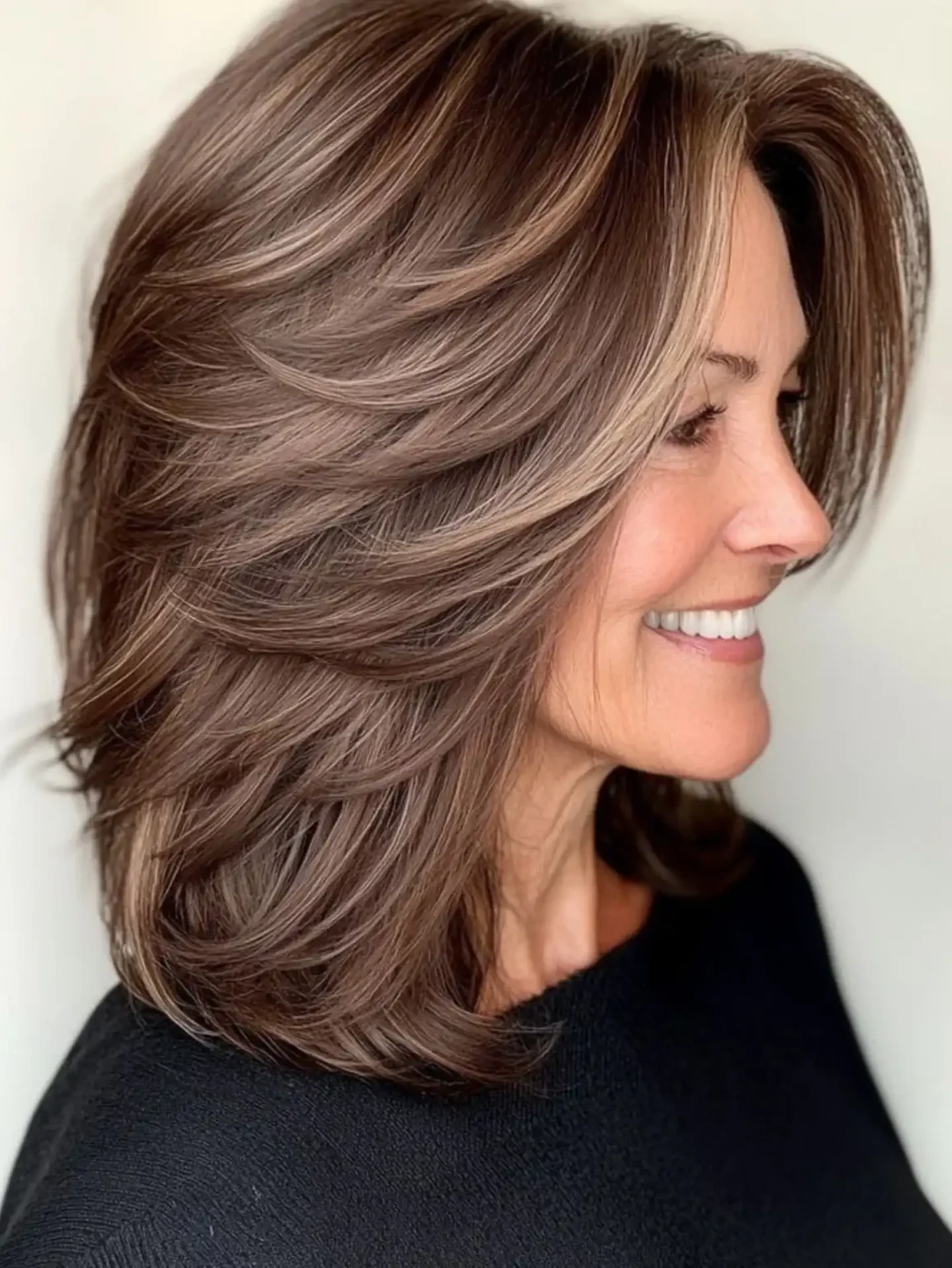 Collarbone length feathered layers with highlights on fine brown hair