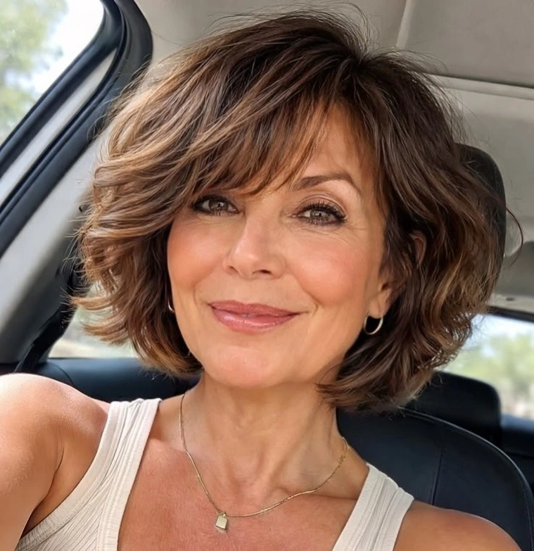 Wavy bob with caramel highlights and a brow-skimming fringe on fine hair