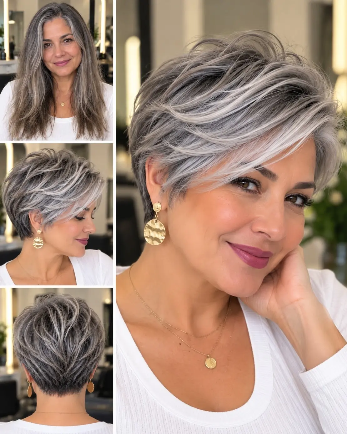 Before and after of long grey hair cut into a layered silver pixie