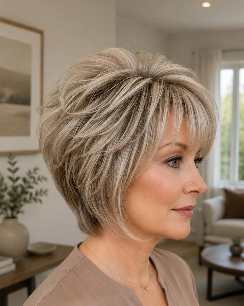 Ash blonde short cut with crown volume and a full fringe on fine hair