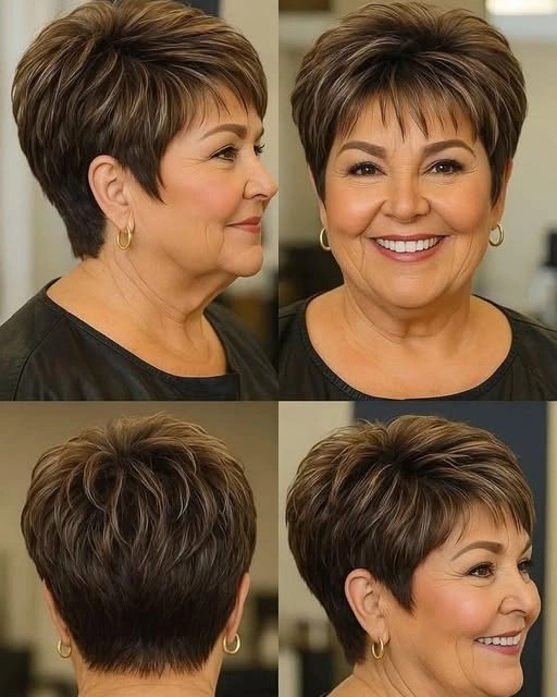 Four angles of a short brown crop that balances a fuller face