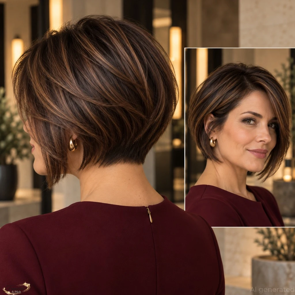 Back and side view of a stacked bob with caramel highlights on fine hair