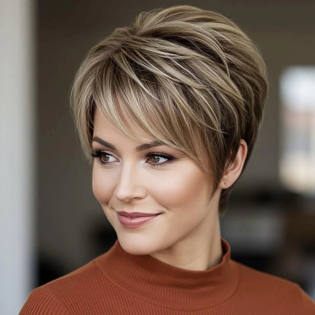 Sleek tapered blonde pixie with a long side fringe on fine hair