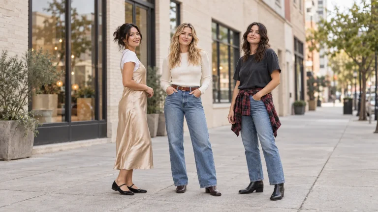 Three women wearing 90s outfits, a satin slip dress over a tee, baggy jeans with a ribbed knit, and a flannel tied over a band tee