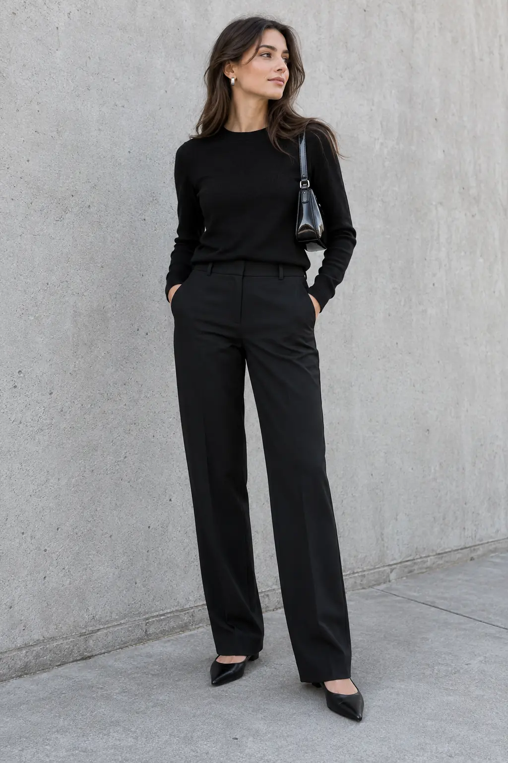 All black outfit with a matte knit, straight trousers and a leather mini bag