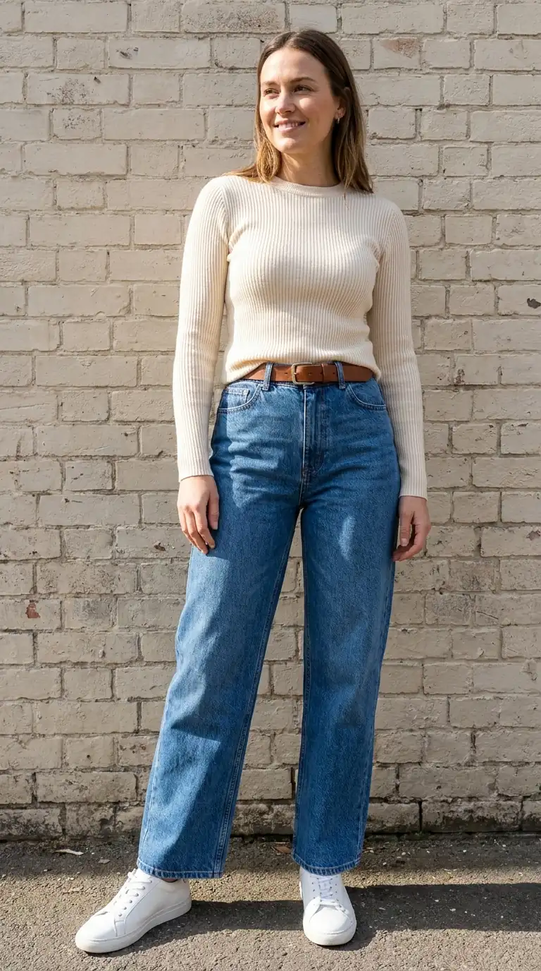 High waisted baggy straight leg jeans with a fitted cream ribbed knit top