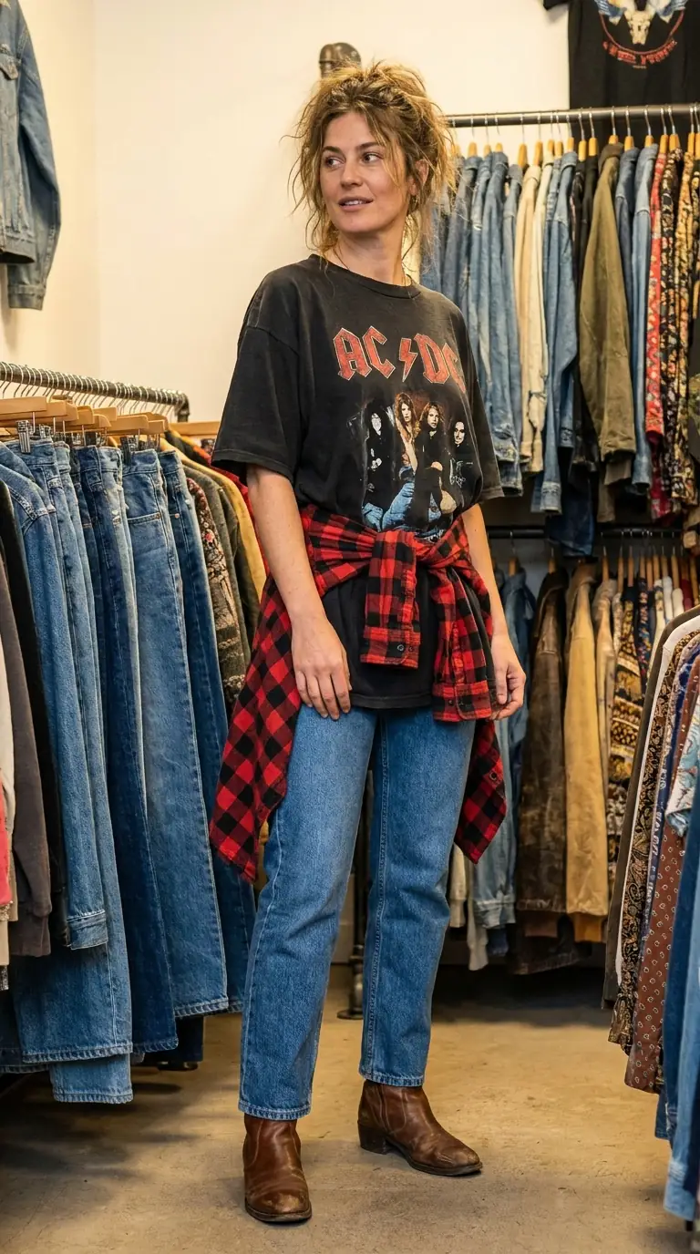 Checked flannel shirt tied at the waist over a faded black band tee and jeans