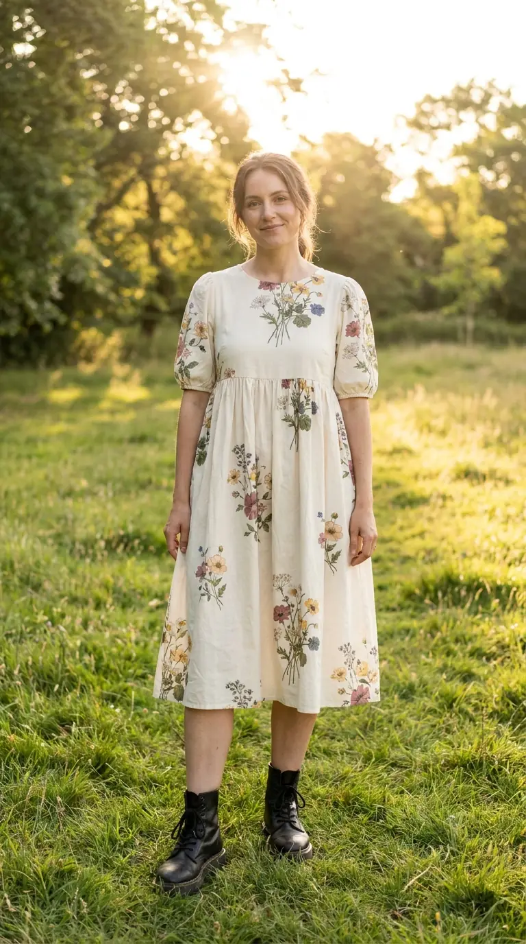 Cotton floral babydoll midi dress worn with black chunky lace-up boots