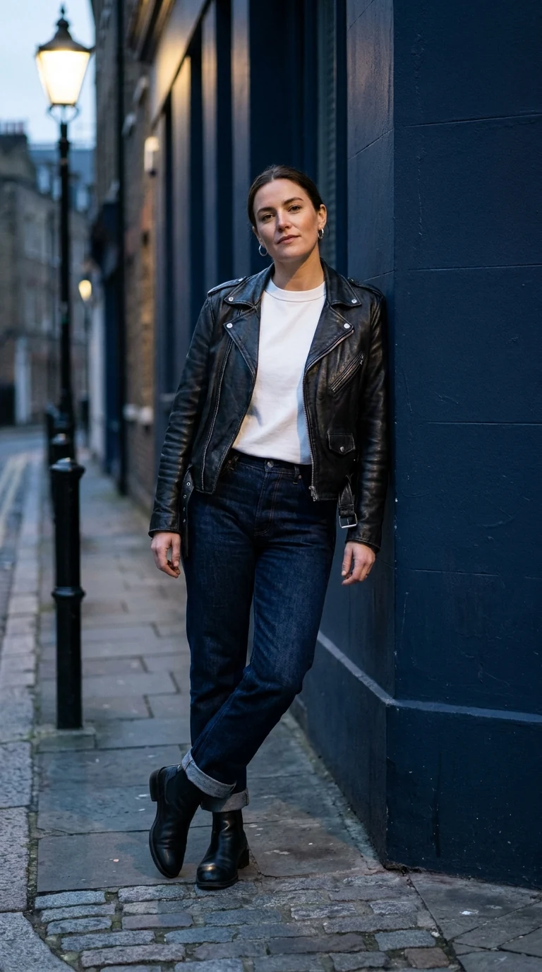 Black leather biker jacket with a white tee and dark straight leg jeans