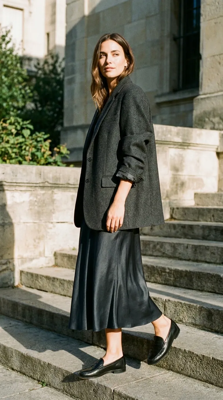 Oversized charcoal blazer worn open over a dark satin bias-cut midi skirt