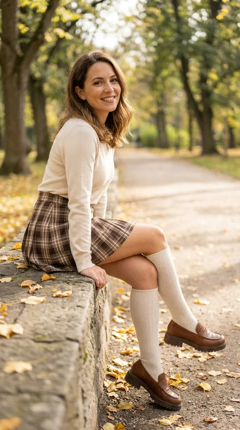 Pleated brown plaid mini skirt with cream knee socks and chunky loafers